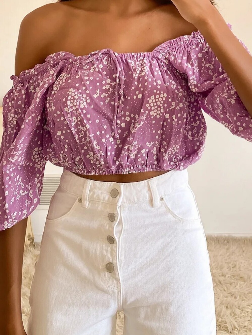 Faithfull The Brand Des Amis Lavender Floral Puff Sleeve Crop Top Women's Size 8